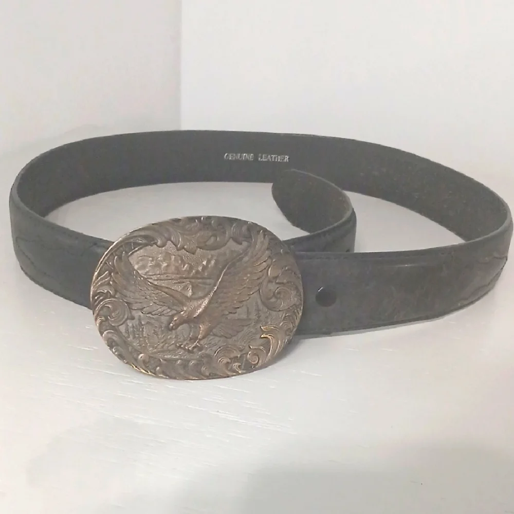 Black Leather Belt with Eagle Buckle, Pre-owned